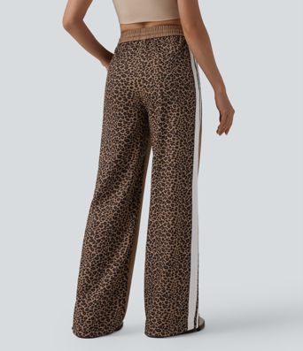 Mid Rise Drawstring Color Block Stripes Contrast Leopard Casual Baggy Pants with Pockets