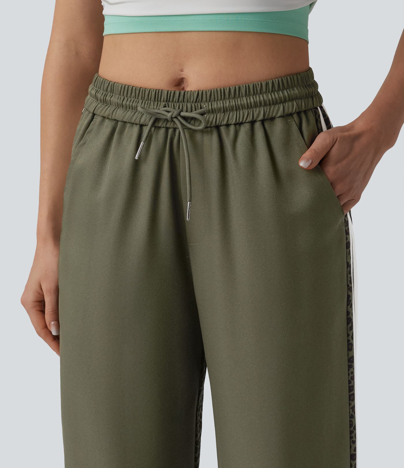 Mid Rise Drawstring Color Block Stripes Contrast Leopard Casual Baggy Pants with Pockets