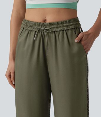 Mid Rise Drawstring Color Block Stripes Contrast Leopard Casual Baggy Pants with Pockets