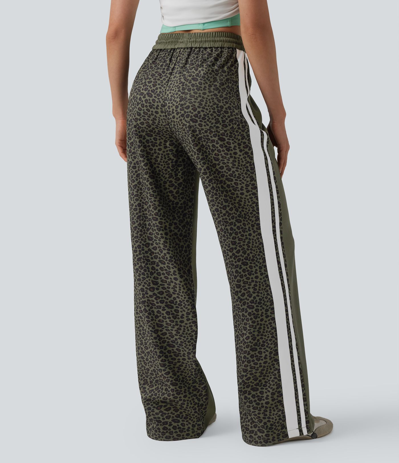 Mid Rise Drawstring Color Block Stripes Contrast Leopard Casual Baggy Pants with Pockets