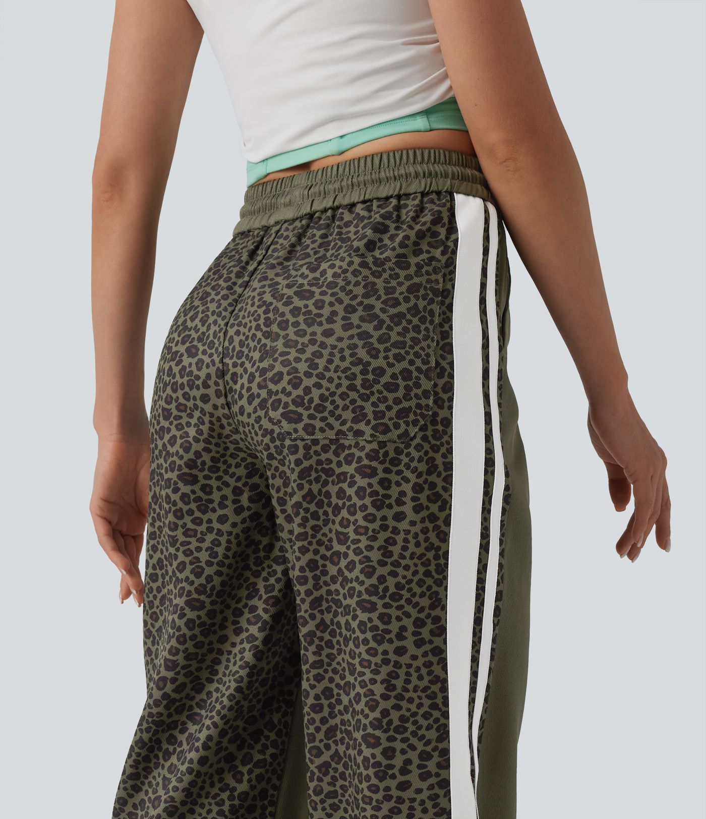 Mid Rise Drawstring Color Block Stripes Contrast Leopard Casual Baggy Pants with Pockets