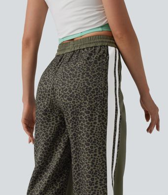 Mid Rise Drawstring Color Block Stripes Contrast Leopard Casual Baggy Pants with Pockets