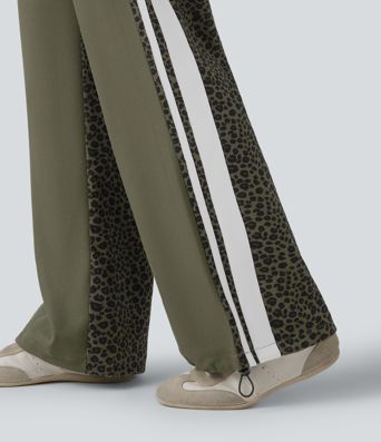 Mid Rise Drawstring Color Block Stripes Contrast Leopard Casual Baggy Pants with Pockets