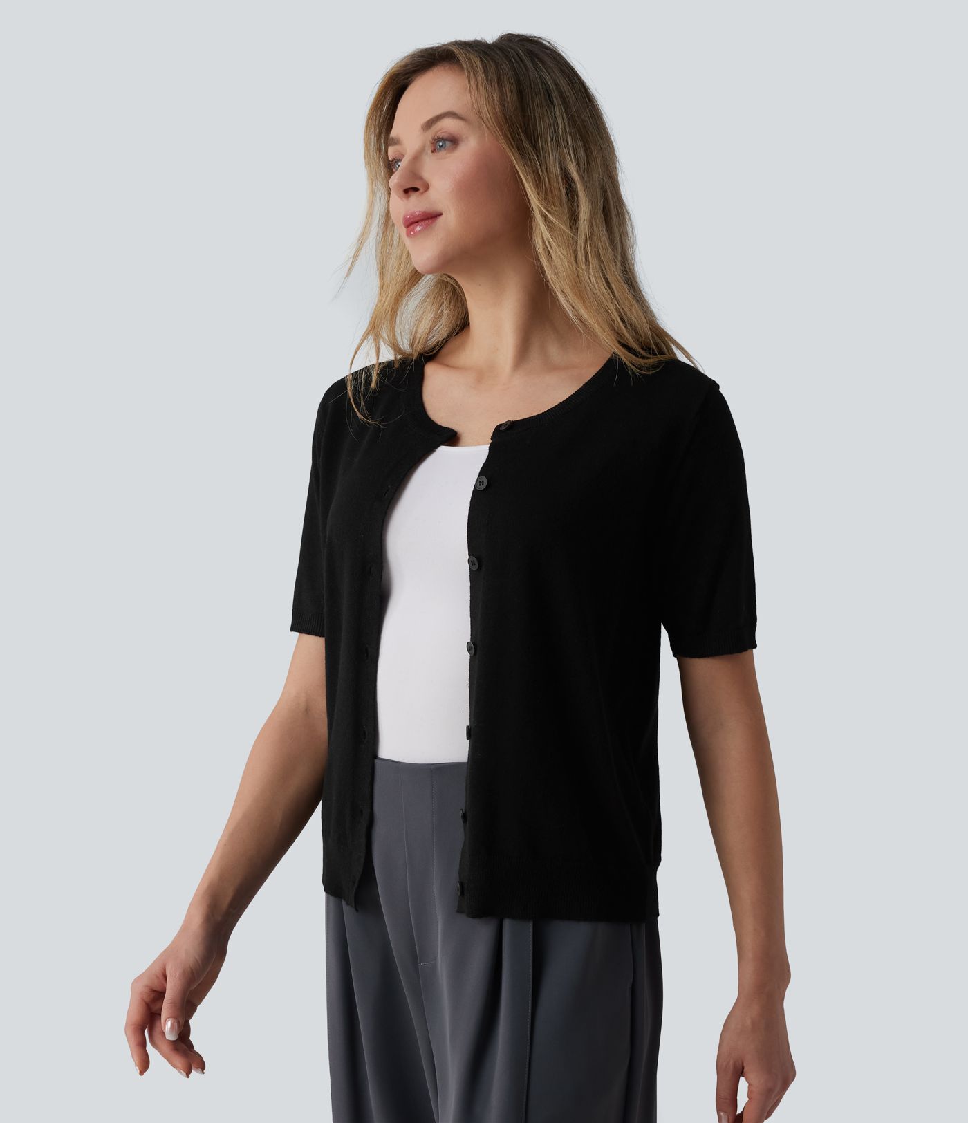 Round Neck Short Sleeve Work Wool-Blend Cardigan