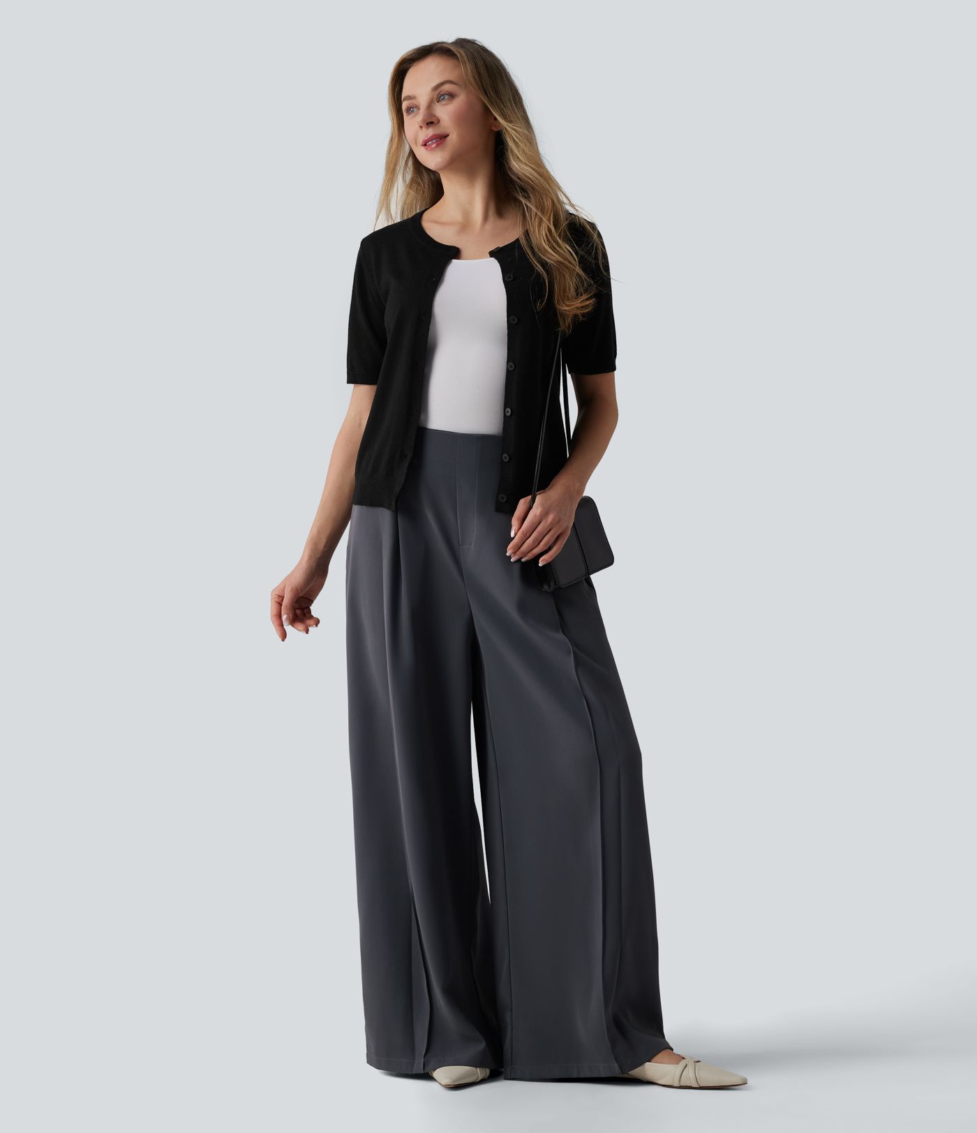 Round Neck Short Sleeve Work Wool-Blend Cardigan