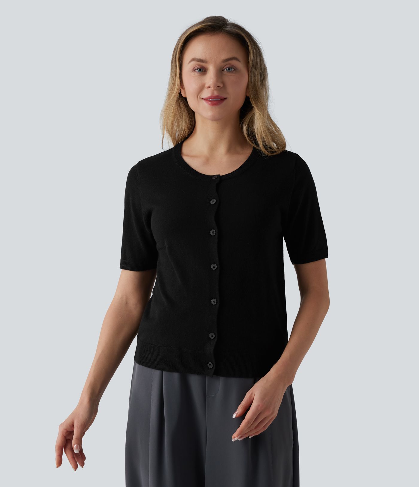 Round Neck Short Sleeve Work Wool-Blend Cardigan
