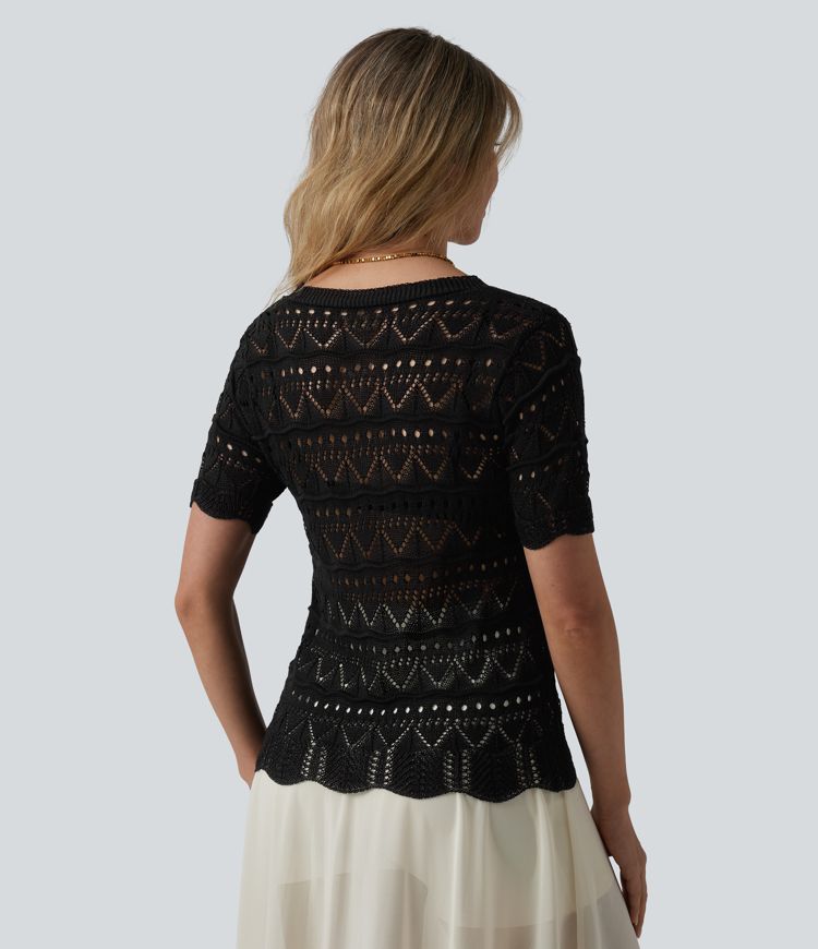 V-neck Short Sleeve Scallop Hem Crochet Resort Cardigan