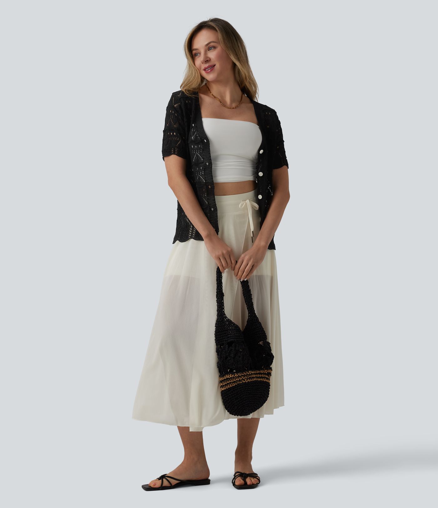 V-neck Short Sleeve Scallop Hem Crochet Resort Cardigan