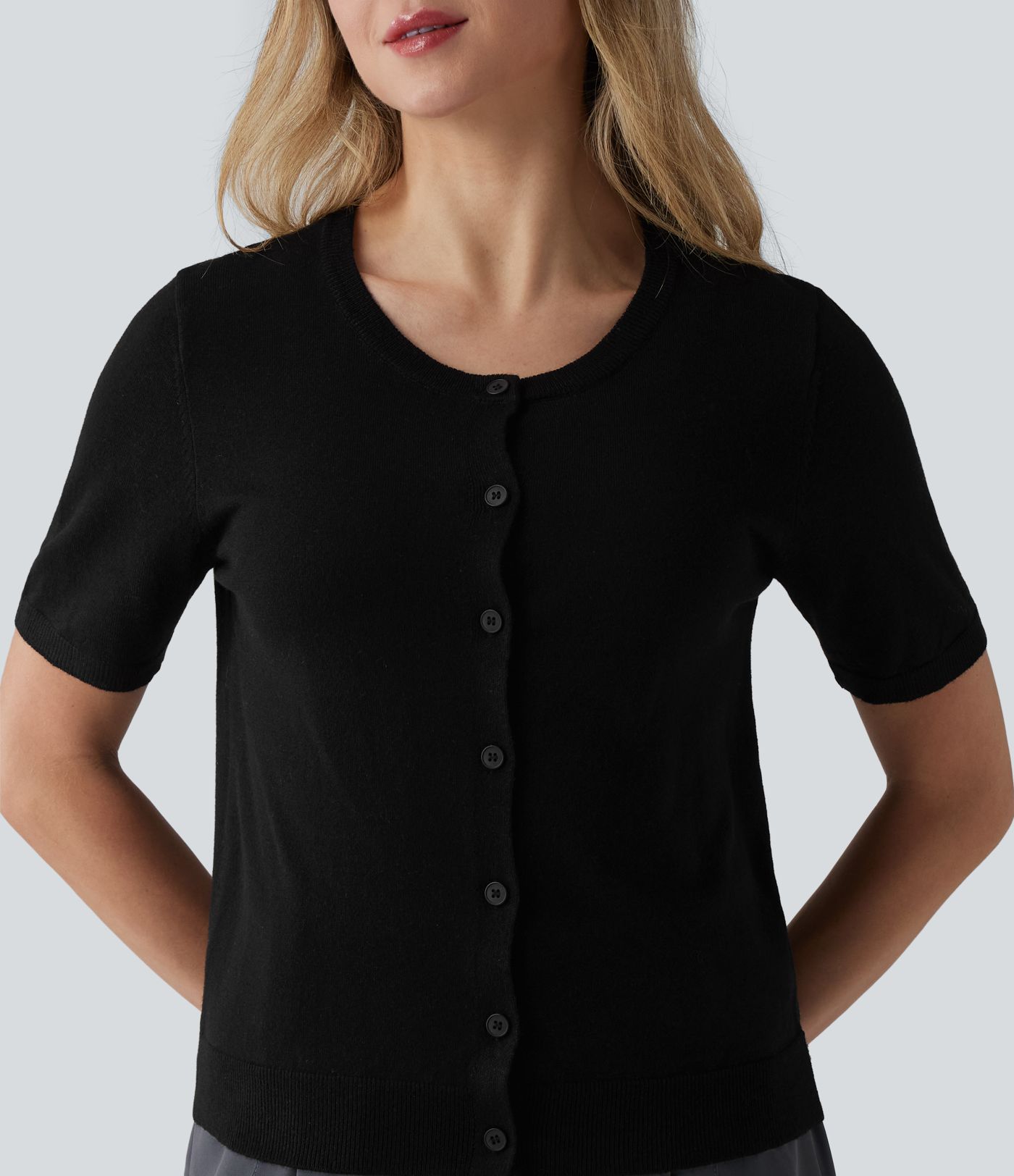 Round Neck Short Sleeve Work Wool-Blend Cardigan