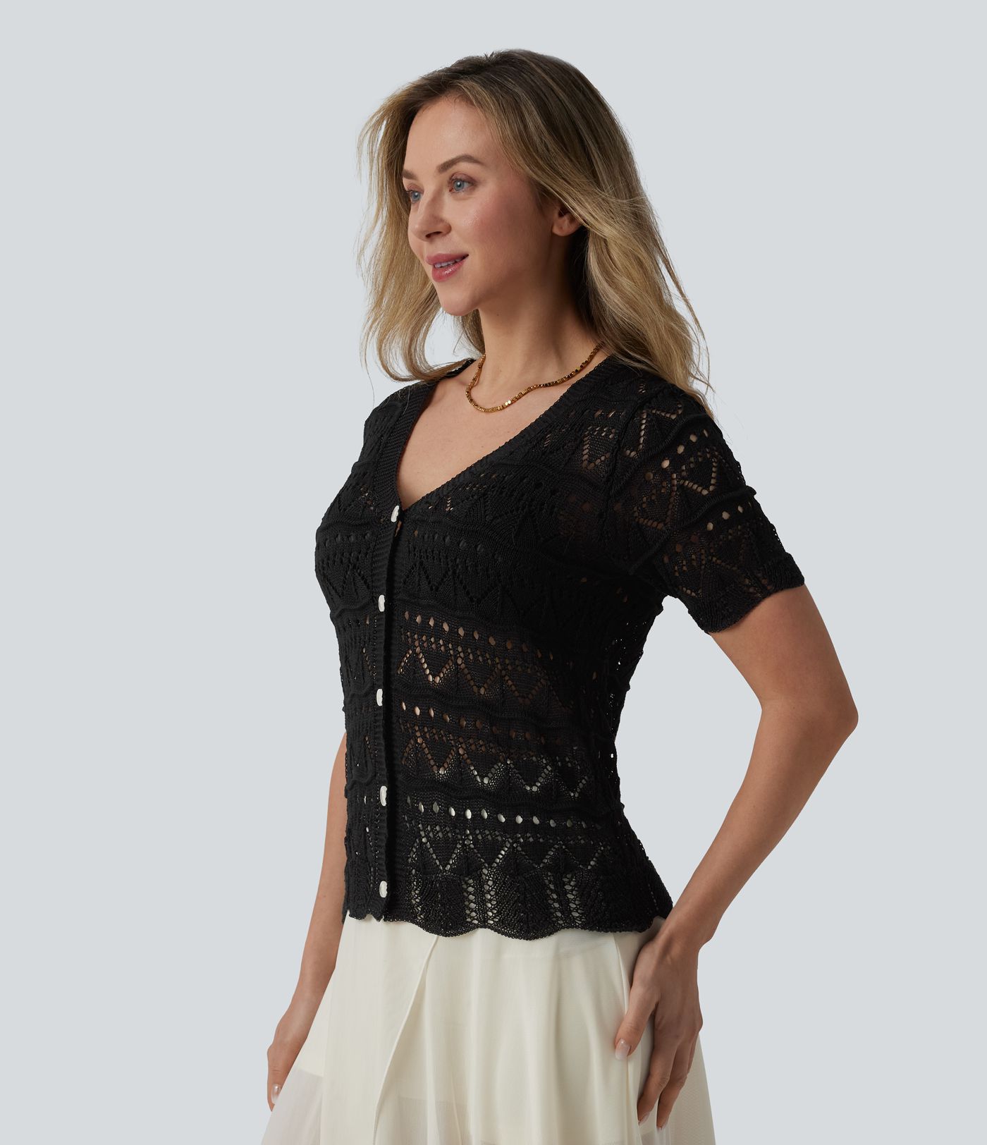 V-neck Short Sleeve Scallop Hem Crochet Resort Cardigan