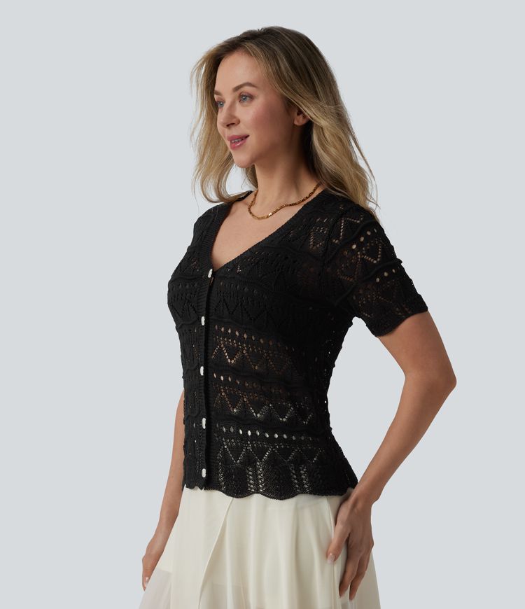 V-neck Short Sleeve Scallop Hem Crochet Resort Cardigan