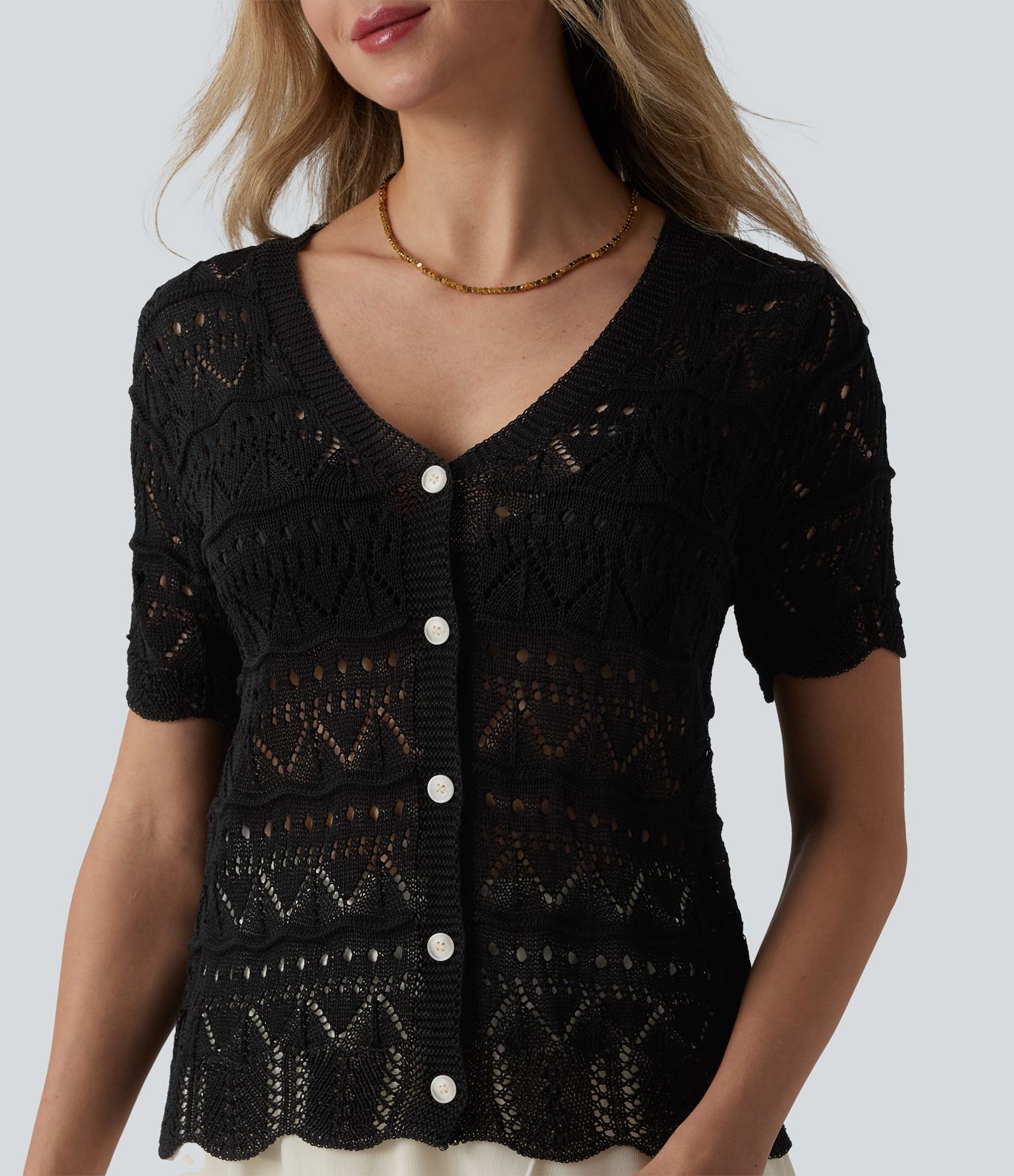 V-neck Short Sleeve Scallop Hem Crochet Resort Cardigan