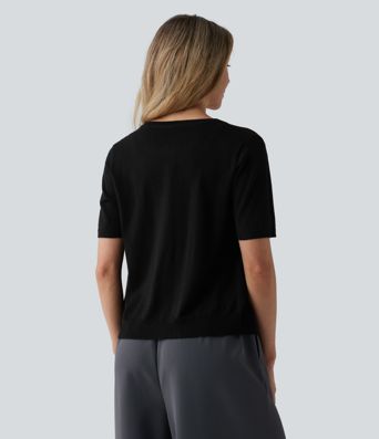 Round Neck Short Sleeve Work Wool-Blend Cardigan