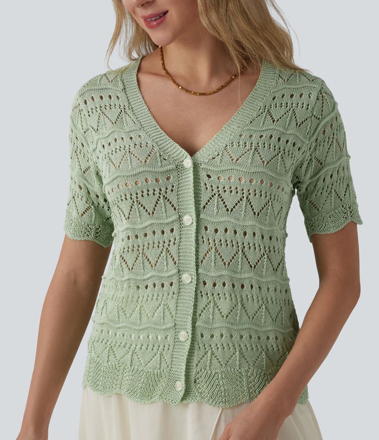 V-neck Short Sleeve Scallop Hem Crochet Resort Cardigan