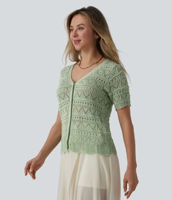 V-neck Short Sleeve Scallop Hem Crochet Resort Cardigan