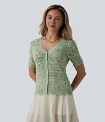 V-neck Short Sleeve Scallop Hem Crochet Resort Cardigan