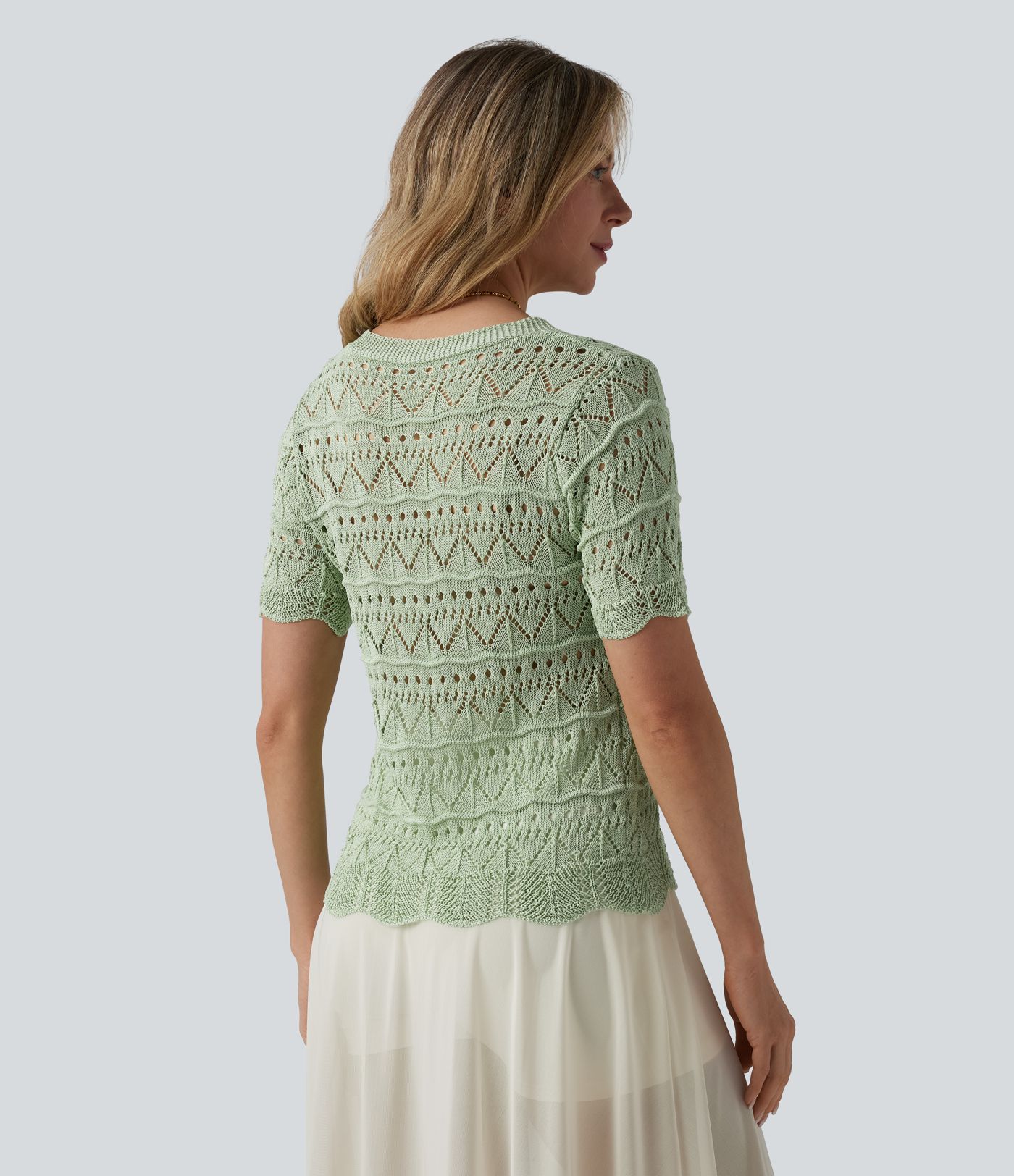 V-neck Short Sleeve Scallop Hem Crochet Resort Cardigan