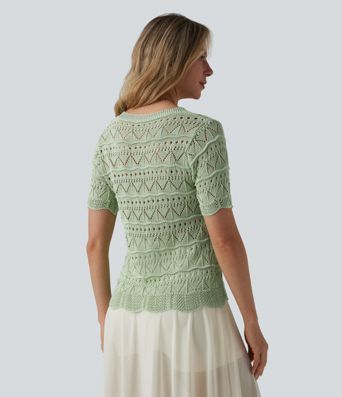 V-neck Short Sleeve Scallop Hem Crochet Resort Cardigan