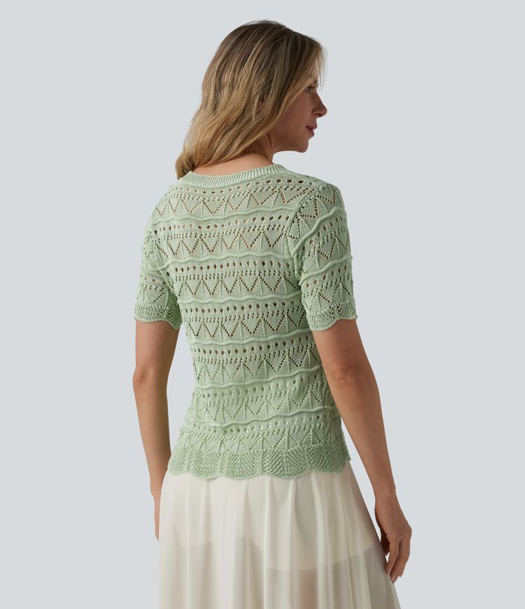 V-neck Short Sleeve Scallop Hem Crochet Resort Cardigan