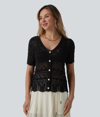 V-neck Short Sleeve Scallop Hem Crochet Resort Cardigan