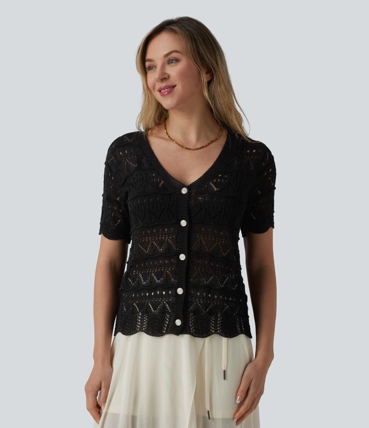 V-neck Short Sleeve Scallop Hem Crochet Resort Cardigan