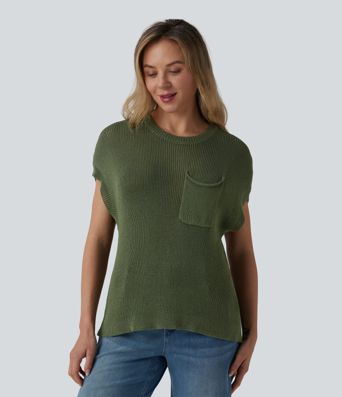 Round Neck Batwing Sleeve Casual Sweater with Pocket
