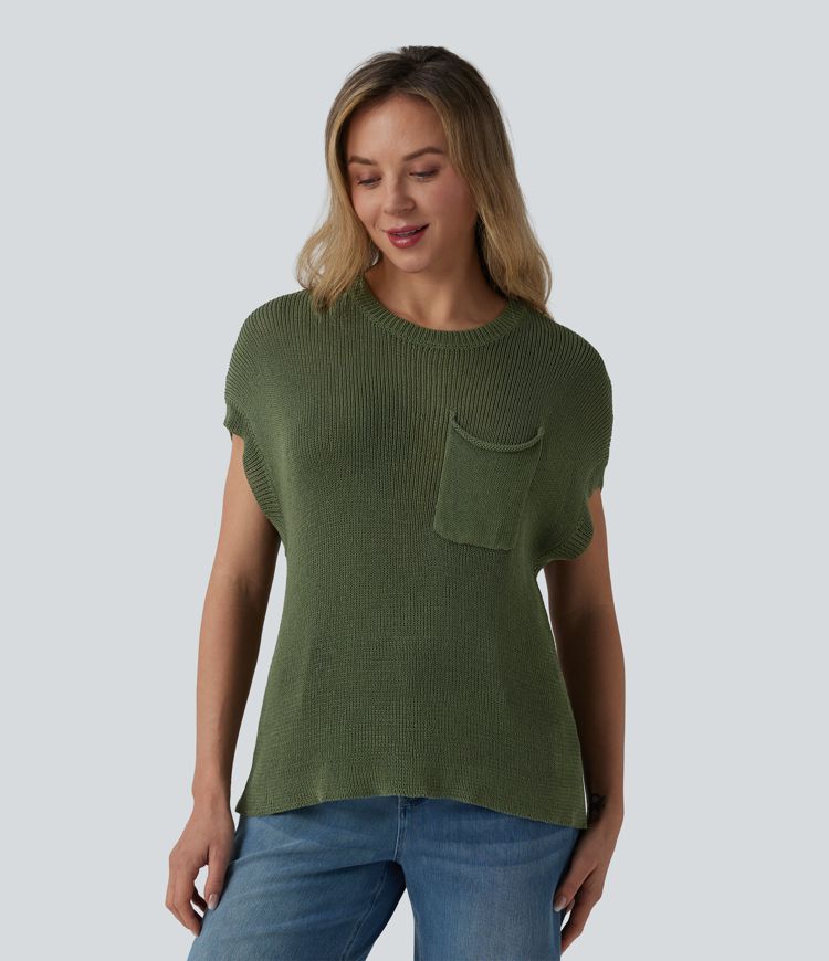 Round Neck Batwing Sleeve Casual Sweater with Pocket