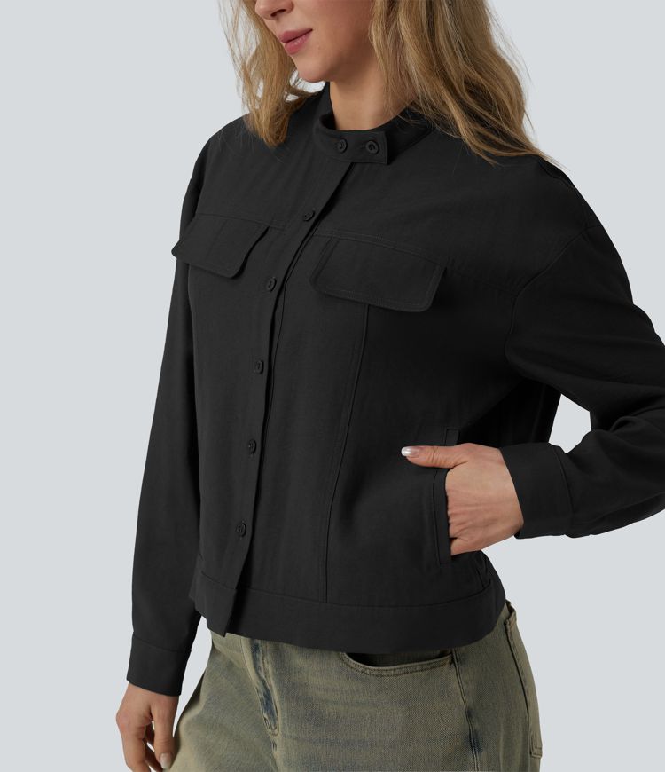 Stand Collar Long Sleeve Casual Cargo Jacket with Pockets
