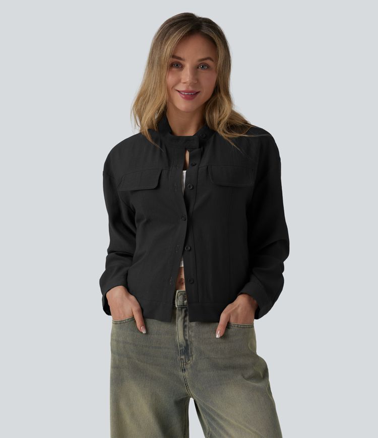 Stand Collar Long Sleeve Casual Cargo Jacket with Pockets