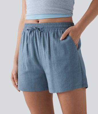 Mid Rise Drawstring Casual Linen Shorts with Pockets