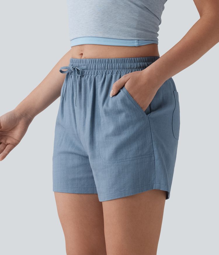 Mid Rise Drawstring Casual Linen Shorts with Pockets