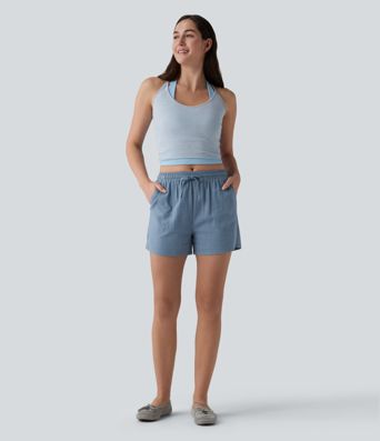 Mid Rise Drawstring Casual Linen Shorts with Pockets