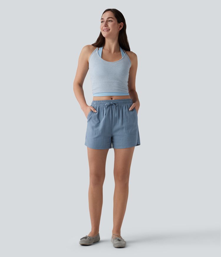 Mid Rise Drawstring Casual Linen Shorts with Pockets