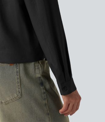 Stand Collar Long Sleeve Casual Cargo Jacket with Pockets