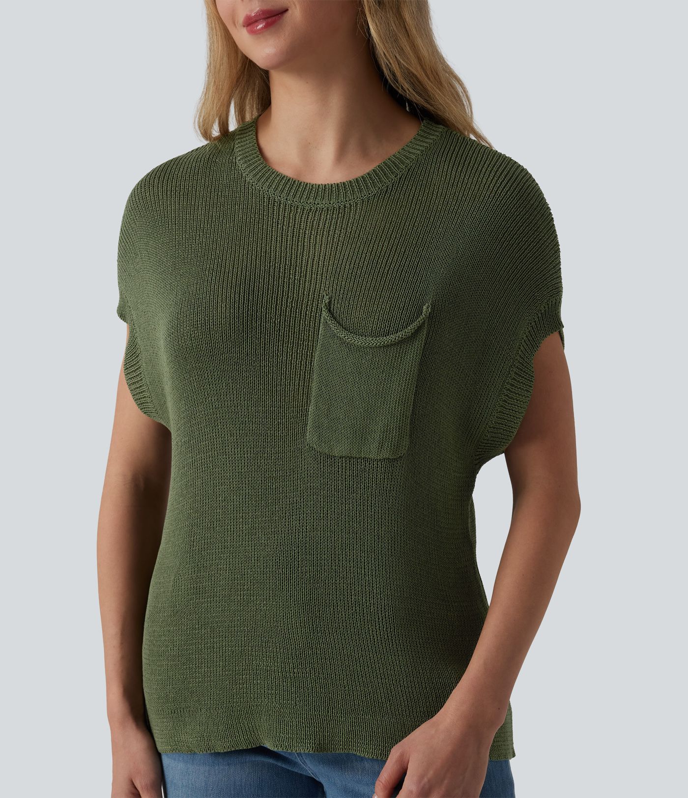 Round Neck Batwing Sleeve Casual Sweater with Pocket