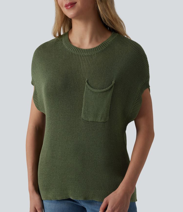 Round Neck Batwing Sleeve Casual Sweater with Pocket