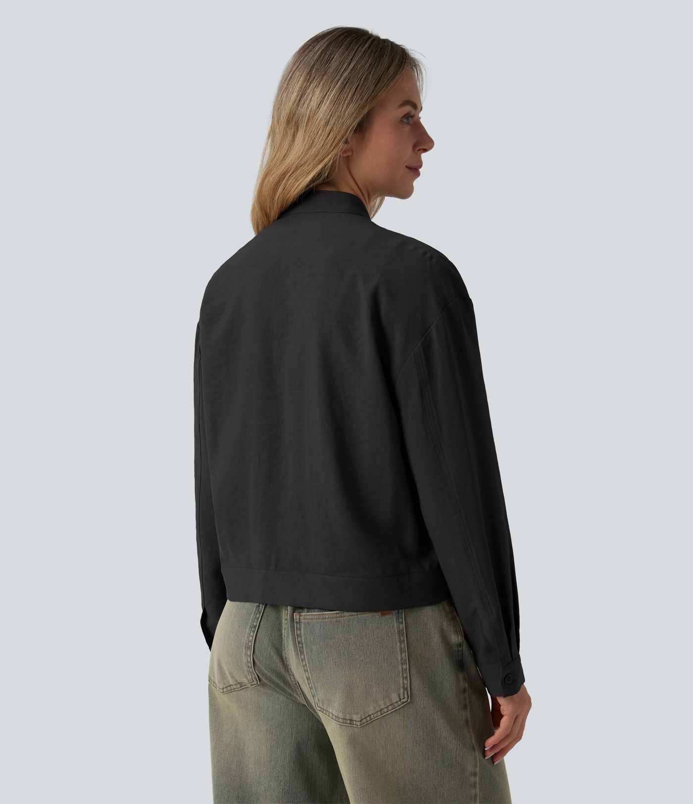 Stand Collar Long Sleeve Casual Cargo Jacket with Pockets