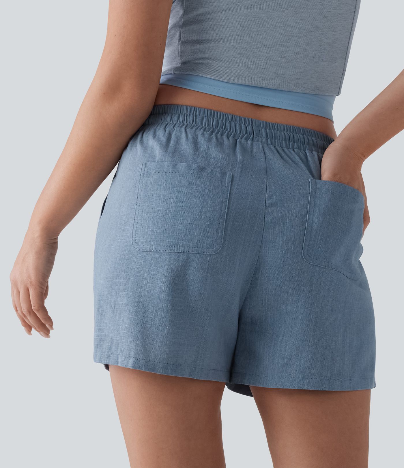 Mid Rise Drawstring Casual Linen Shorts with Pockets