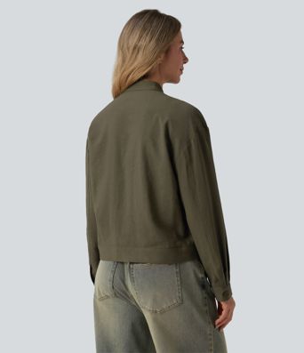 Stand Collar Long Sleeve Casual Cargo Jacket with Pockets