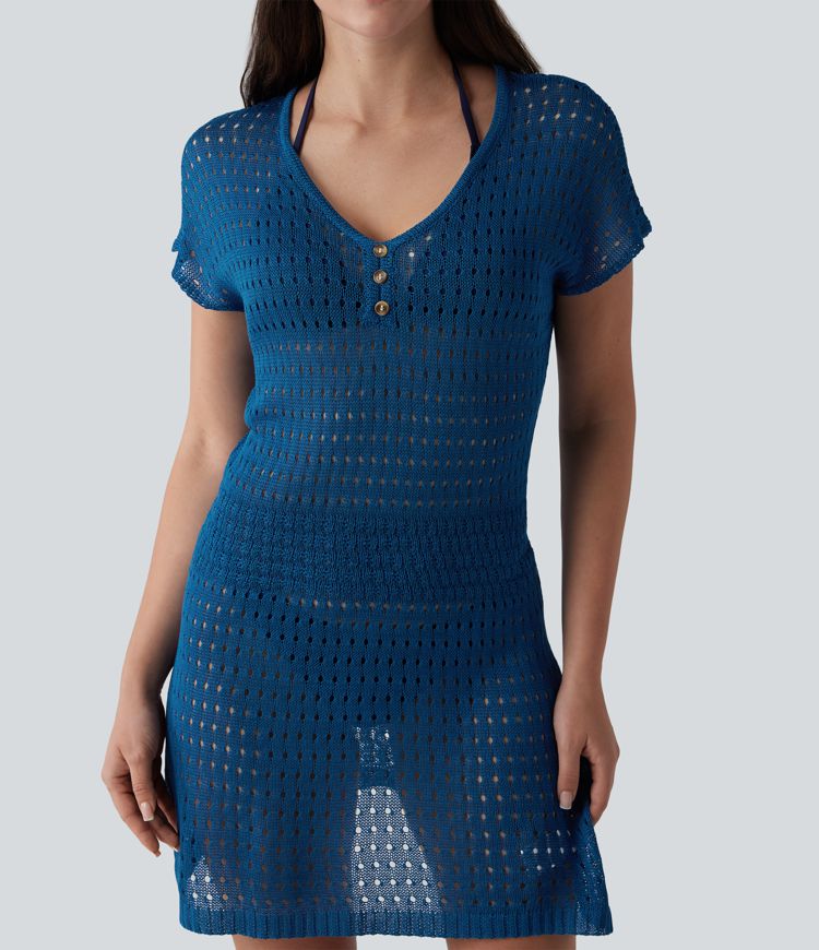 V-neck Short Sleeve Hollow Out Mini Resort Cover Up Dress