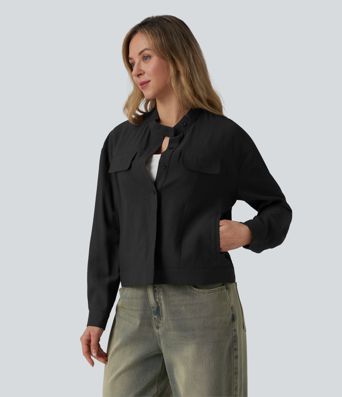 Stand Collar Long Sleeve Casual Cargo Jacket with Pockets