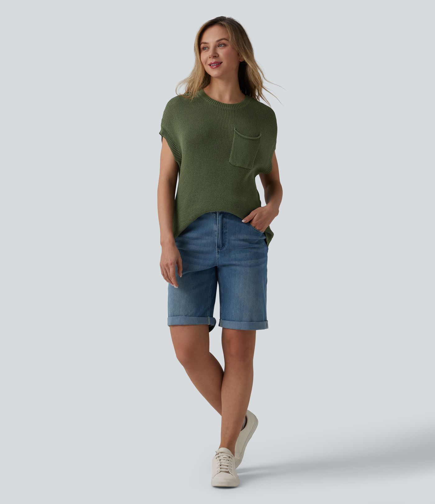 Round Neck Batwing Sleeve Casual Sweater with Pocket