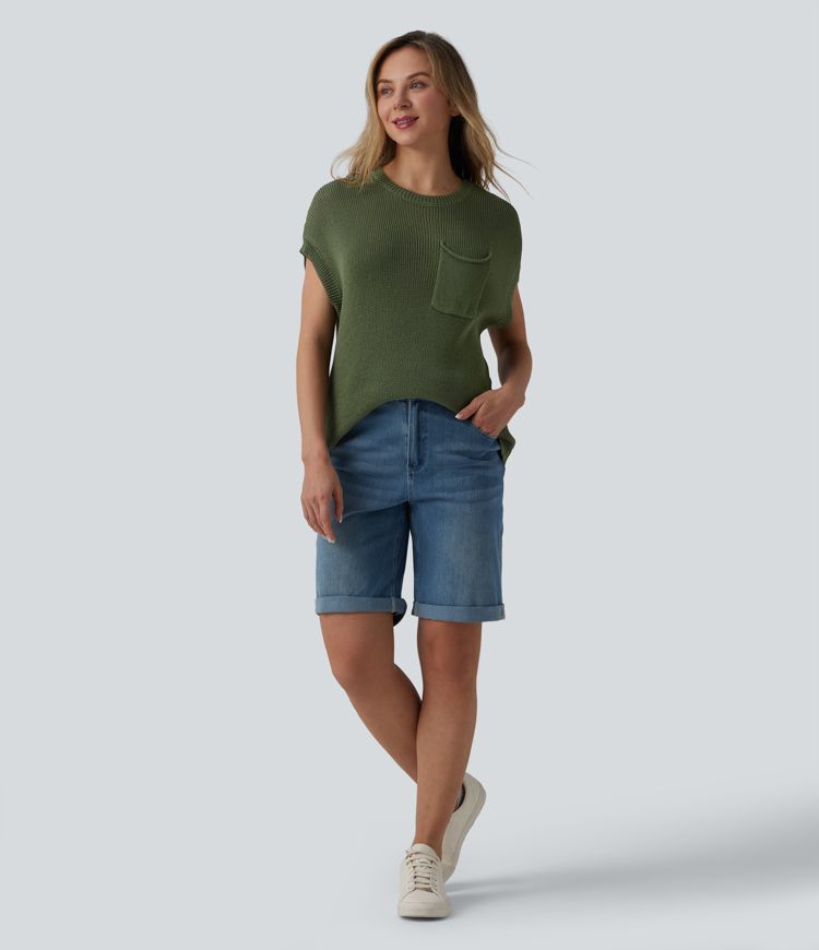 Round Neck Batwing Sleeve Casual Sweater with Pocket