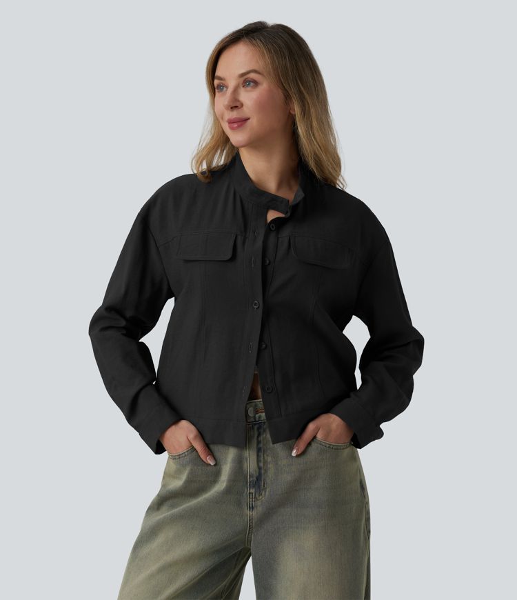 Stand Collar Long Sleeve Casual Cargo Jacket with Pockets