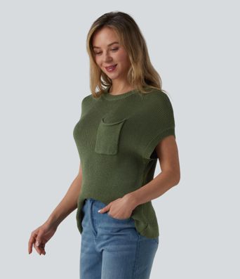 Round Neck Batwing Sleeve Casual Sweater with Pocket