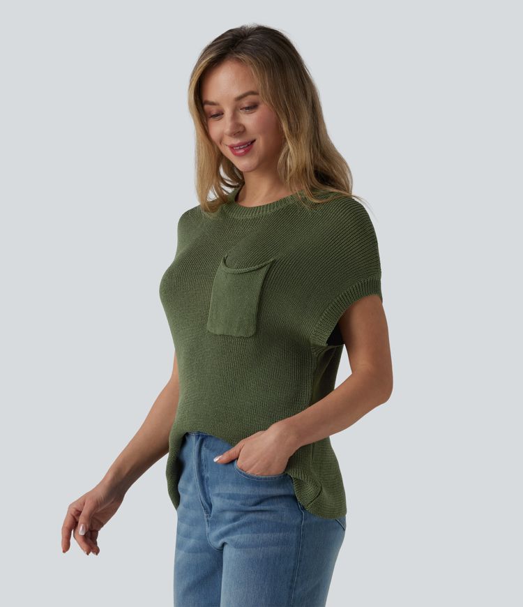Round Neck Batwing Sleeve Casual Sweater with Pocket