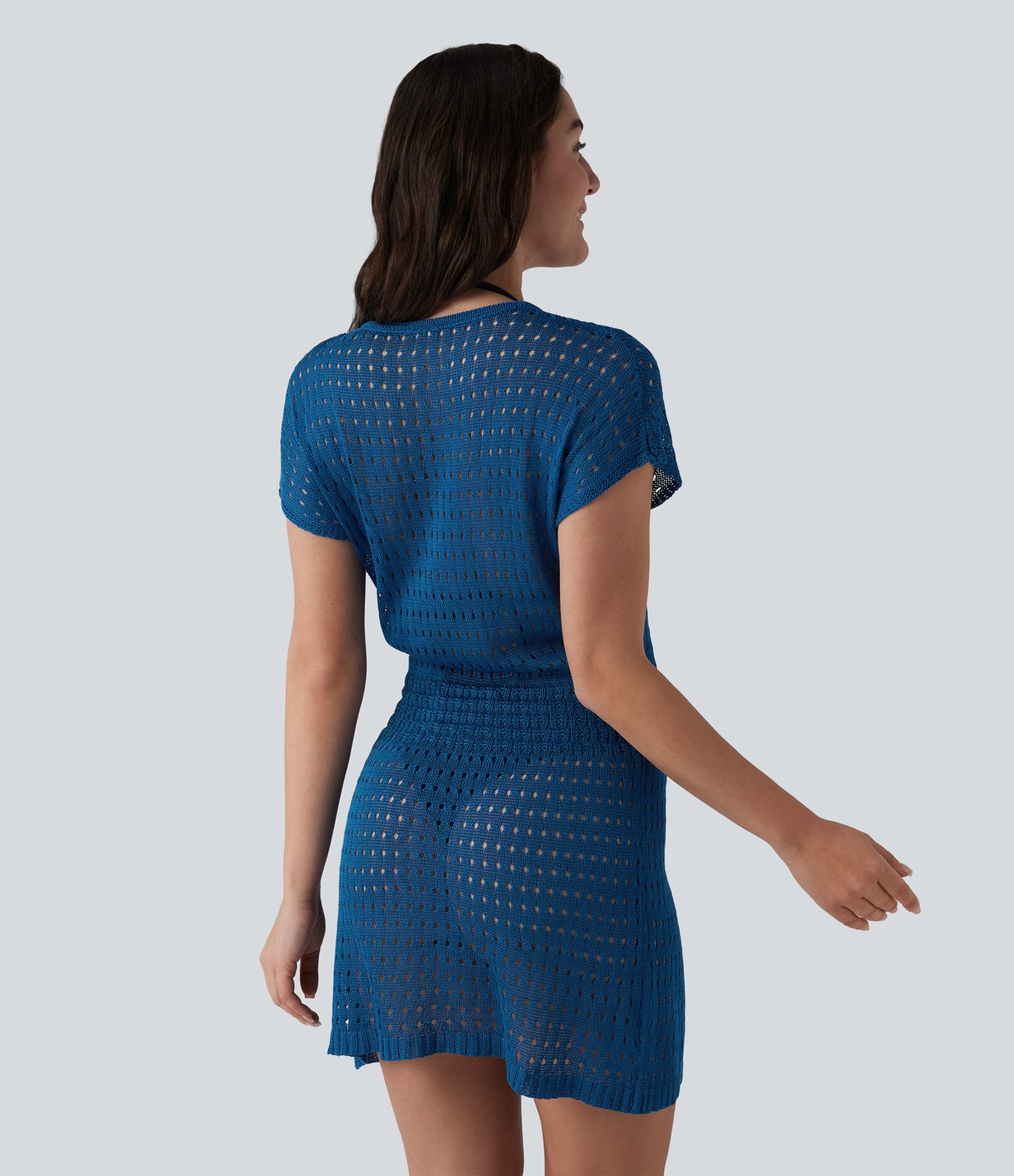 V-neck Short Sleeve Hollow Out Mini Resort Cover Up Dress