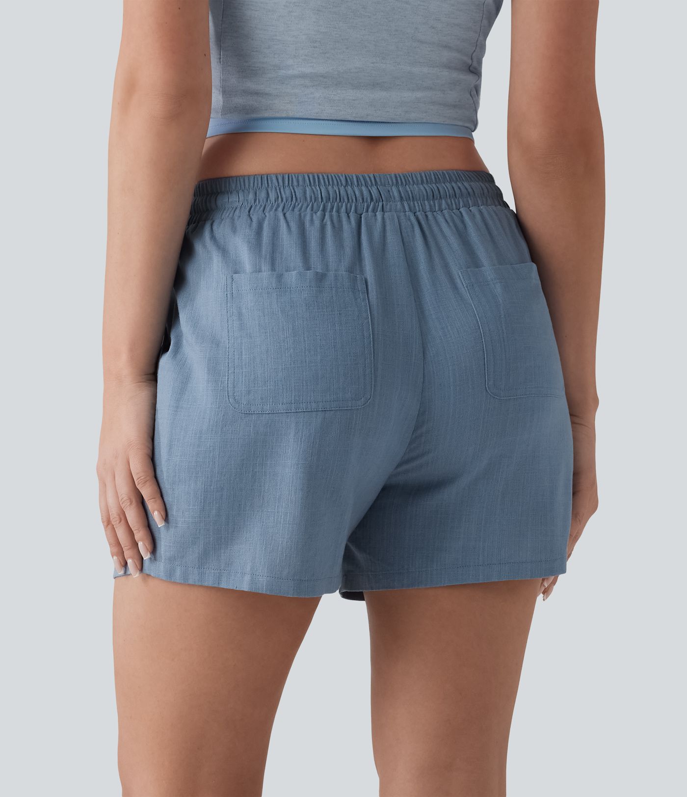 Mid Rise Drawstring Casual Linen Shorts with Pockets