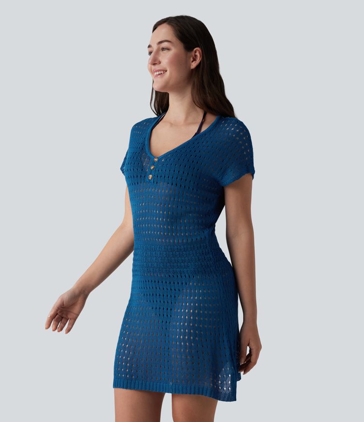V-neck Short Sleeve Hollow Out Mini Resort Cover Up Dress
