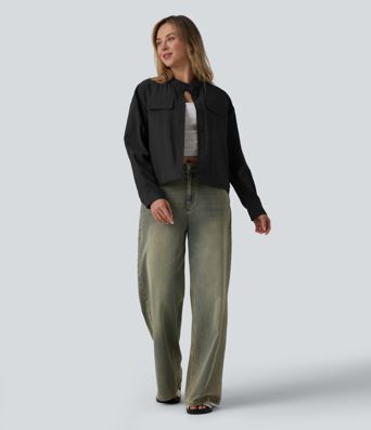 Stand Collar Long Sleeve Casual Cargo Jacket with Pockets